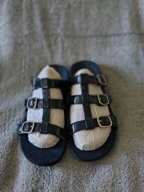 Vionic Misa Womens Blue Patent Leather Triple Strap Orthopedic Sandals Size 10